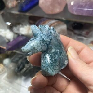 Moss Agate Unicorn head Crystal carving